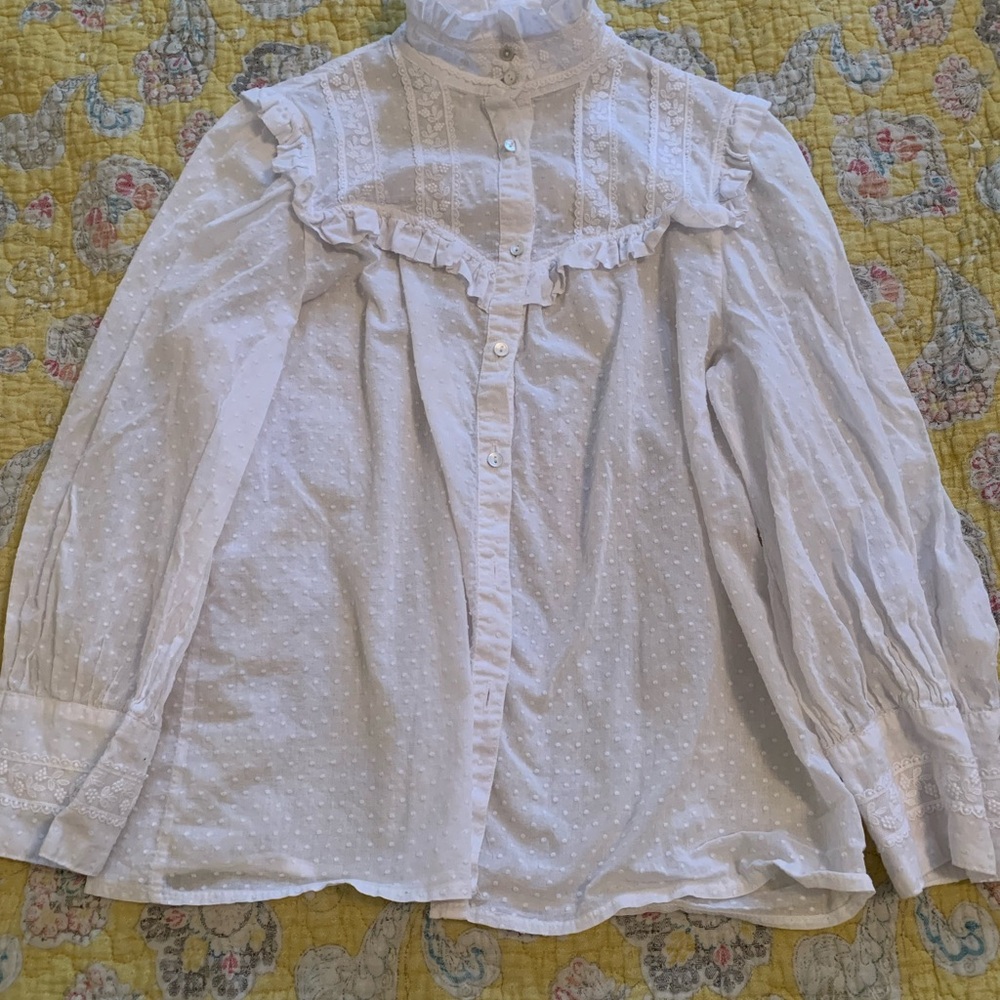 Laura Ashley White Ruffled Cotton Shirt